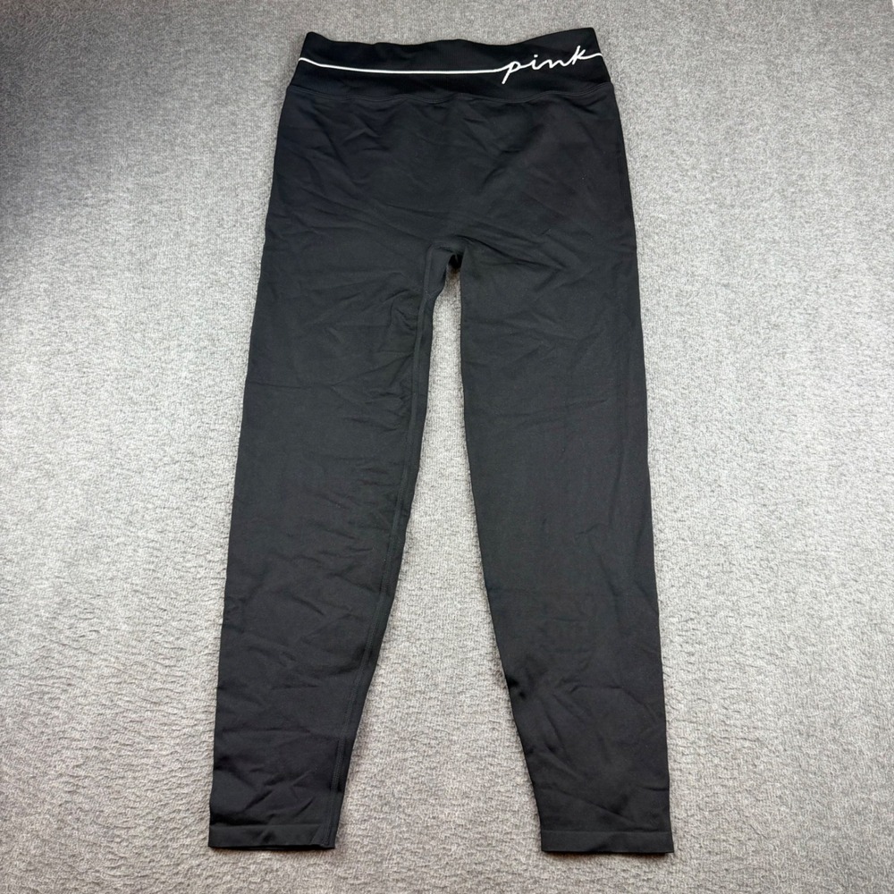 Pink Active Leggings Women's XL Black Seamless Ribbed Waistband Script Logo